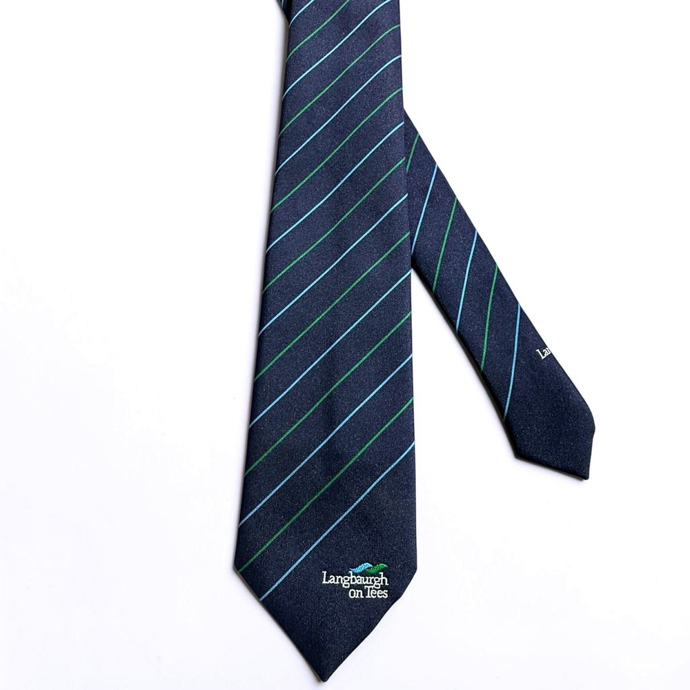 M.&C. McDade Glasgow Mens Tie Navy Blue Green Striped Langbaurgh on Tees Logo